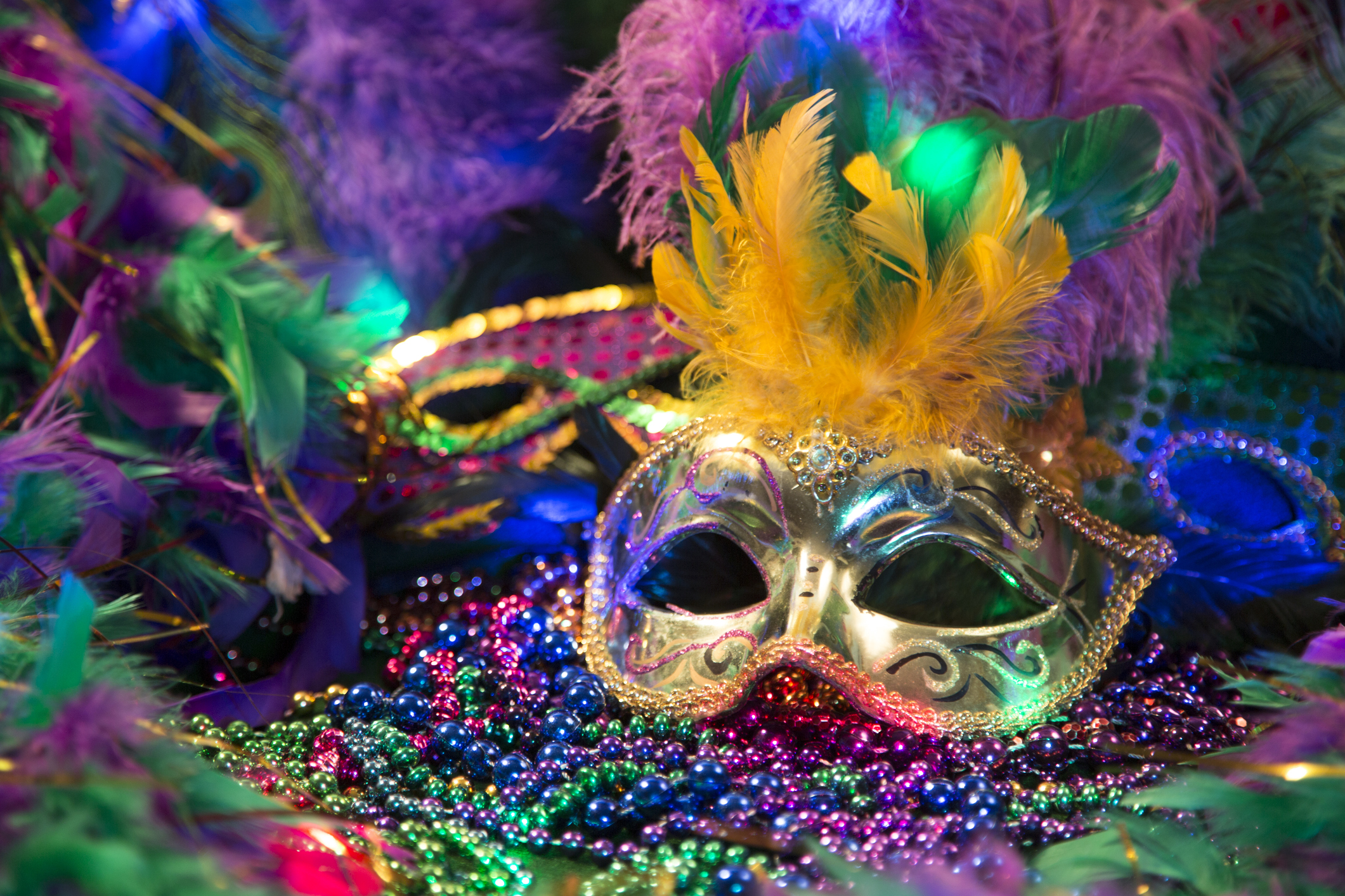 LV Mardi Gras sequined mask, decorated with feathers on a bed of feathered Mardi Gras feather Boas. Colorful beads and spot lights of color